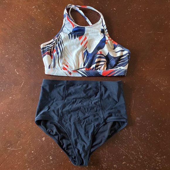 Athleta Swim Athleta High Neck Blue Cream Tropical Print Bikini Top